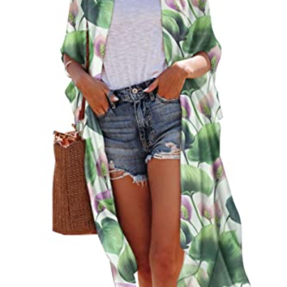 NWT Hibluco floral green purple Kimono open Cardigan duster One Size